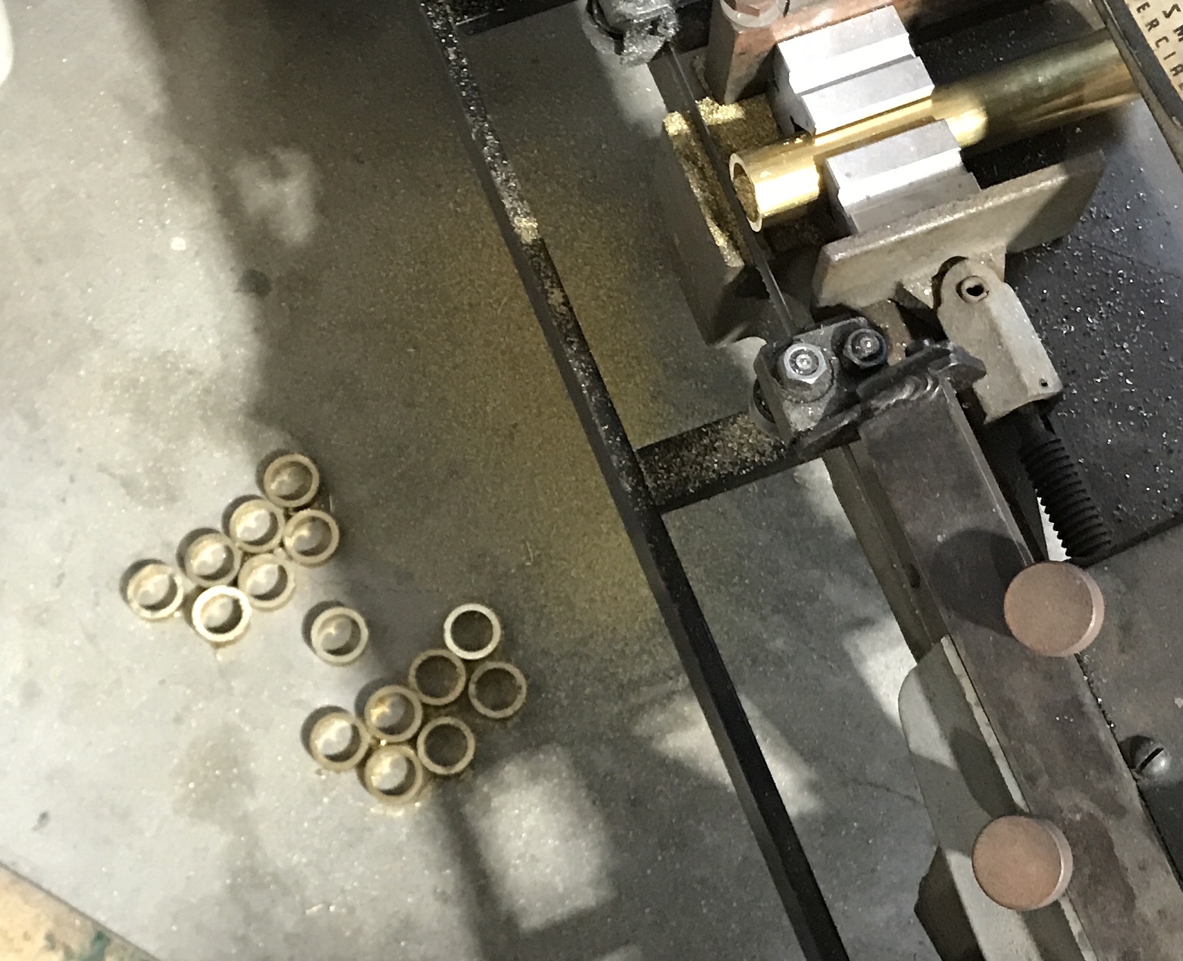 Fifteen brass rings cut on the bandsaw.